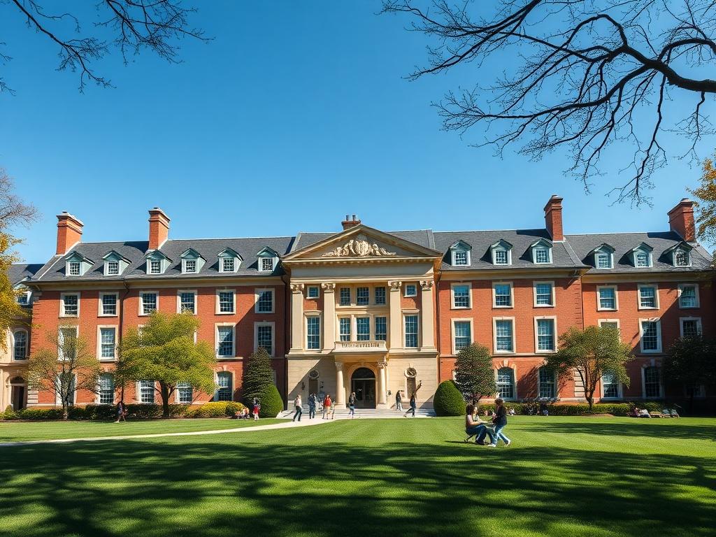 A realistic high-resolution photo of a prestigious elite prep school campus. The composition should focus on an iconic building with classic architecture, surrounded by well-kept lawns and trees. Bright blue sky in the background adds vibrancy. The image should convey an atmosphere of excellence and academic achievement, showcasing students engaged in learning and collaboration.