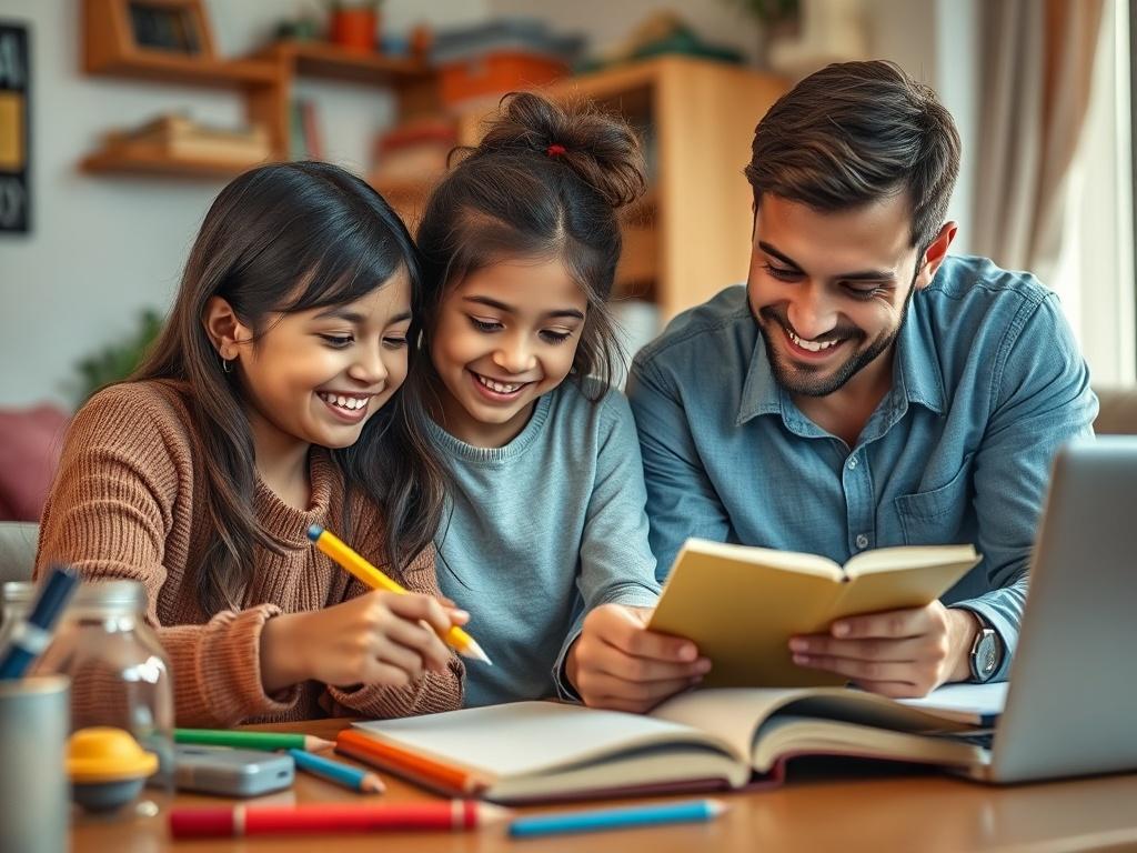 A close-up shot of a homeschooling family engaged in a learning activity at home. The atmosphere should be warm and inviting, with learning materials and tools visible around them. The focus should capture the joy of learning and the supportive family dynamic, with soft lighting to enhance the cozy feel.