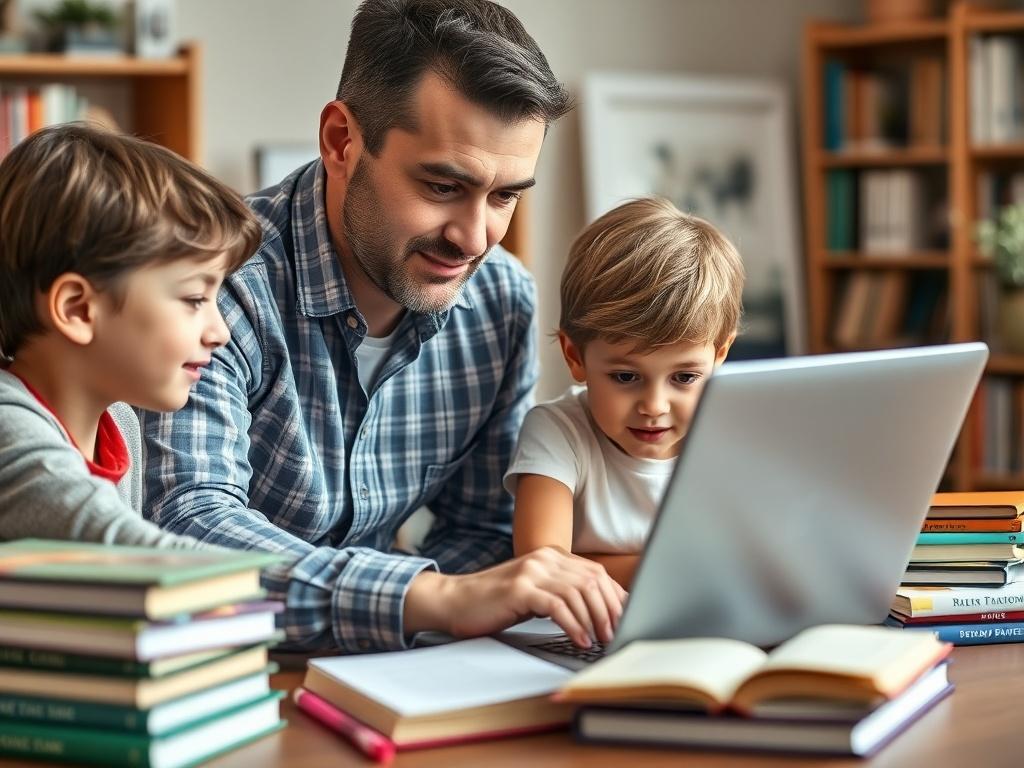 A close-up shot of an educational consultant working with a parent and child on a laptop, surrounded by books and learning materials. The consultant looks engaged and supportive. The setting should feel collaborative and inspiring, with a soft focus on the background to emphasize the interaction.