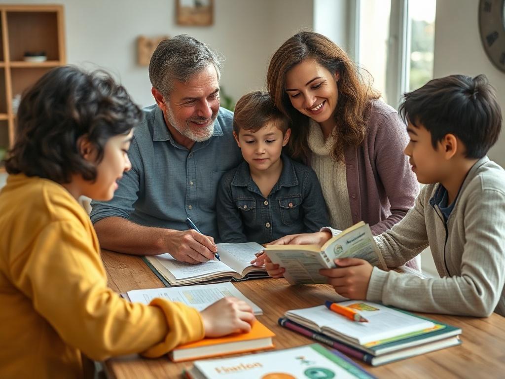 A close-up shot of a family discussing homeschooling options, with educational materials spread out on a table. The scene should convey warmth and engagement, featuring a bright, inviting atmosphere. The focus should be on the family members' expressions as they interact with the materials. Ensure the background is simple and uncluttered to highlight the family dynamic.