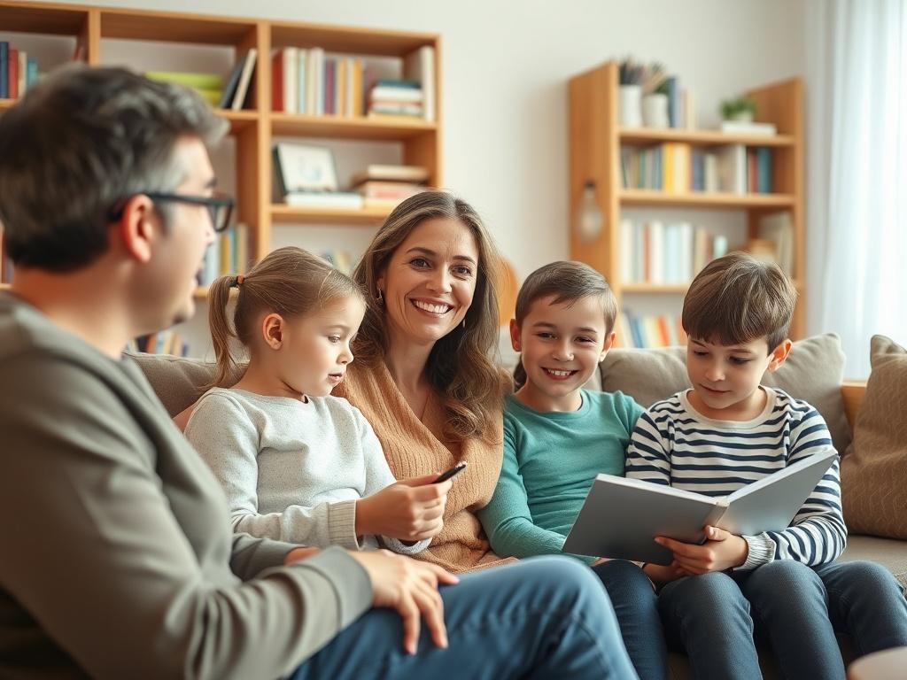 A close-up shot of a warm and inviting family coaching session in a cozy living room. The focus is on a friendly educational consultant, a middle-aged woman with an engaging smile, sitting on a comfortable couch. She is discussing homeschooling strategies with a mother and two children, who are actively engaged and taking notes. The background features bookshelves filled with educational materials and soft lighting that creates a welcoming atmosphere.