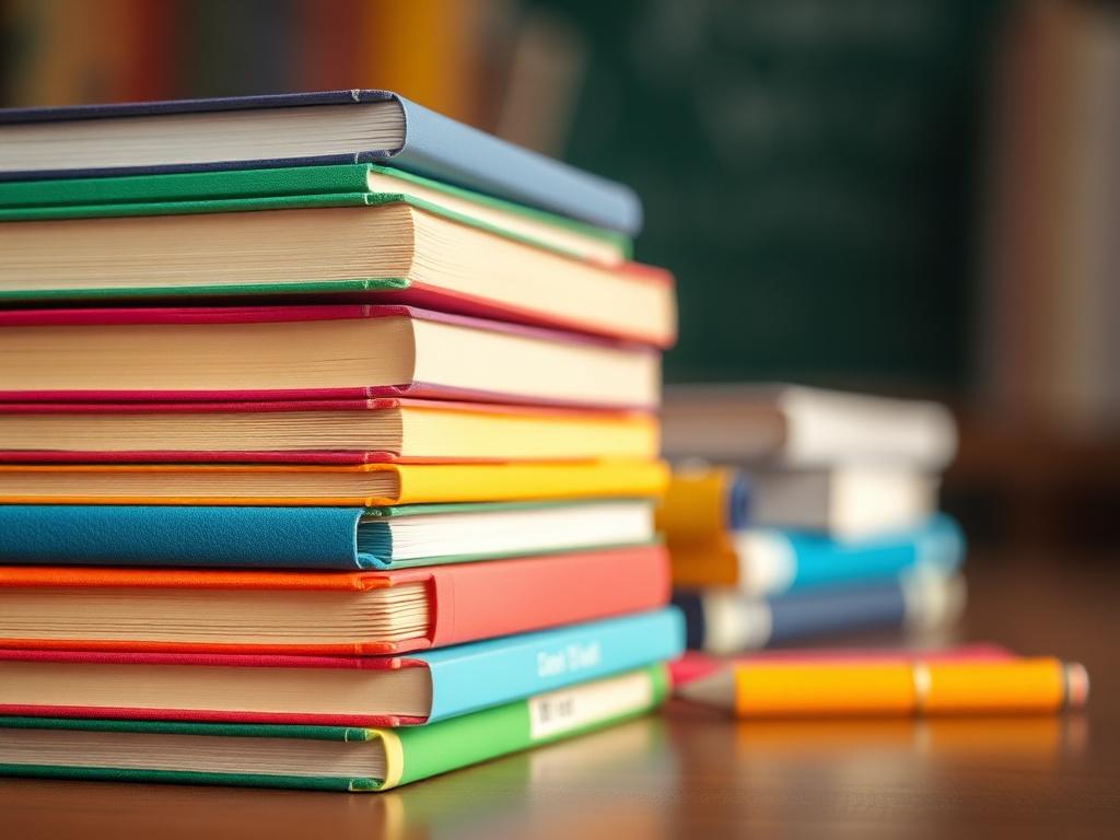 A close-up shot of a neat stack of colorful school books, arranged in an orderly fashion. The background is softly blurred to focus on the books, showcasing their vibrant covers. The lighting is warm and inviting, emphasizing the texture of the book spines and pages. The overall composition is simple and clear, highlighting the theme of education and learning.