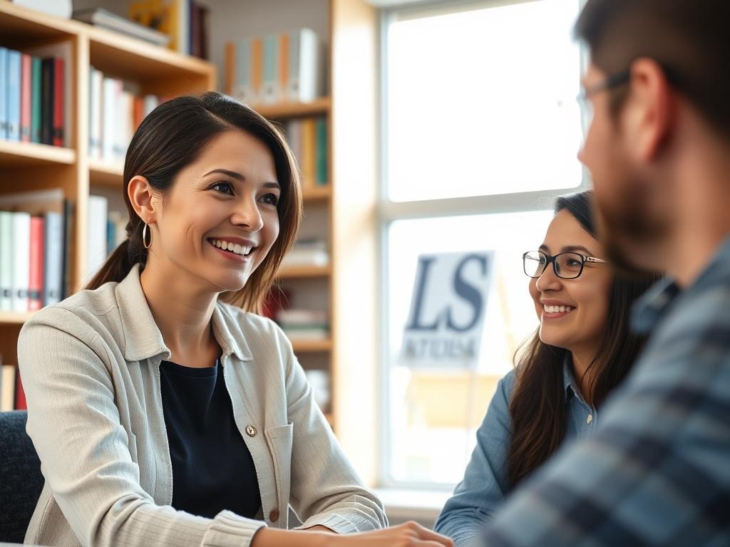 A close-up shot of an educational consultant engaged in a one-on-one session with a parent. The setting is a well-lit office with bookshelves filled with educational resources. The consultant is smiling and actively listening, while the parent is sharing their concerns. The atmosphere conveys trust and collaboration, emphasizing the importance of expert guidance in homeschooling.