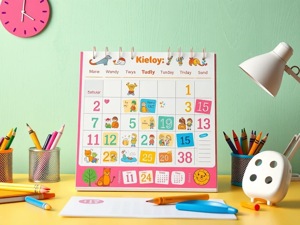 A high-resolution close-up shot of a colorful and engaging kid's calendar displayed on a bright, cheerful desk. The calendar features fun illustrations, stickers, and colorful dates marked for special activities. The background is a soft pastel color, and there are playful stationery items like crayons and a small toy. The focus is on the calendar itself, showcasing its design and functionality, shot with a 45mm f/1.2 lens style.