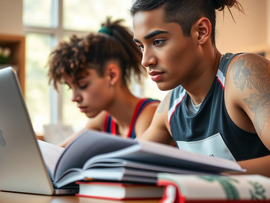 A close-up shot of a focused student athlete studying with books and a laptop in front of them. The background should be a bright, inviting study space with soft natural light filtering through a window. The student is wearing athletic gear, showcasing their dedication to both academics and sports. The composition should be simple and clear, emphasizing the student athlete's determination and the supportive learning environment.