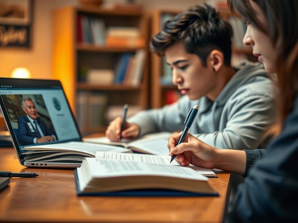 A close-up shot of a student studying at a desk, with open textbooks and a laptop displaying an online course. The background is softly blurred, focusing on the student's engaged expression as they take notes. The colors are warm and inviting, and the lighting suggests a cozy study environment, highlighting the importance of education and learning.