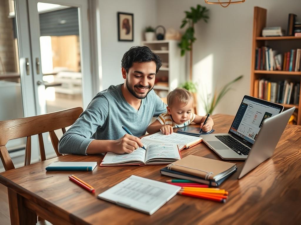 **AI Image Generator Prompt:**

Create a realistic high-resolution photo that embodies the theme of "Homeschooling on a Budget: How to Make It Work for You." The composition should focus on a single subject, a relaxed yet engaged parent or guardian seated at a well-organized dining table, working with their child on educational materials. The parent should exude a sense of calm and confidence, showcasing a friendly and approachable demeanor. 

The table should be adorned with an open notebook filled with co