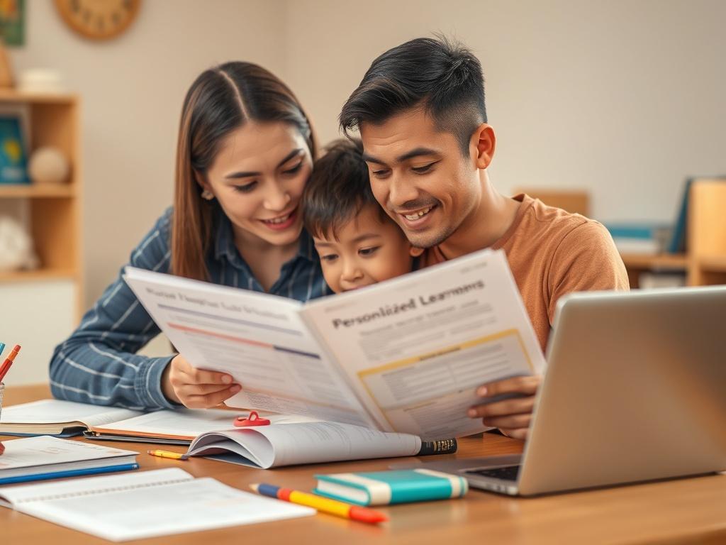 A close-up shot of a parent and child sitting at a table, reviewing a personalized learning plan together. The table is filled with educational materials like books, stationery, and a laptop. The background is softly blurred, highlighting the focused expressions on their faces. The lighting is warm and inviting, creating a cozy atmosphere for learning.
