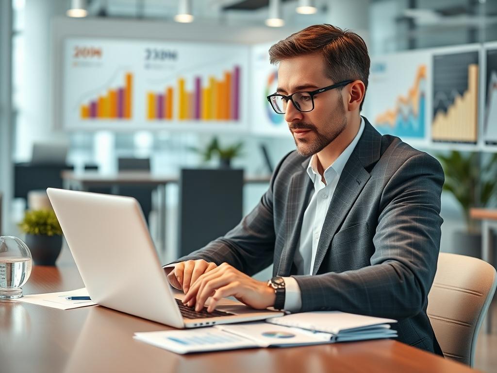 A focused business professional analyzing market data on a laptop,