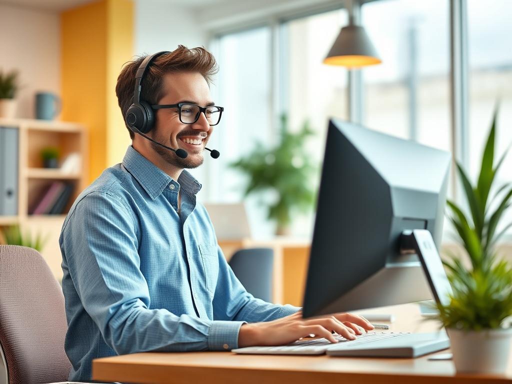 A friendly support agent on a headset, providing assistance to