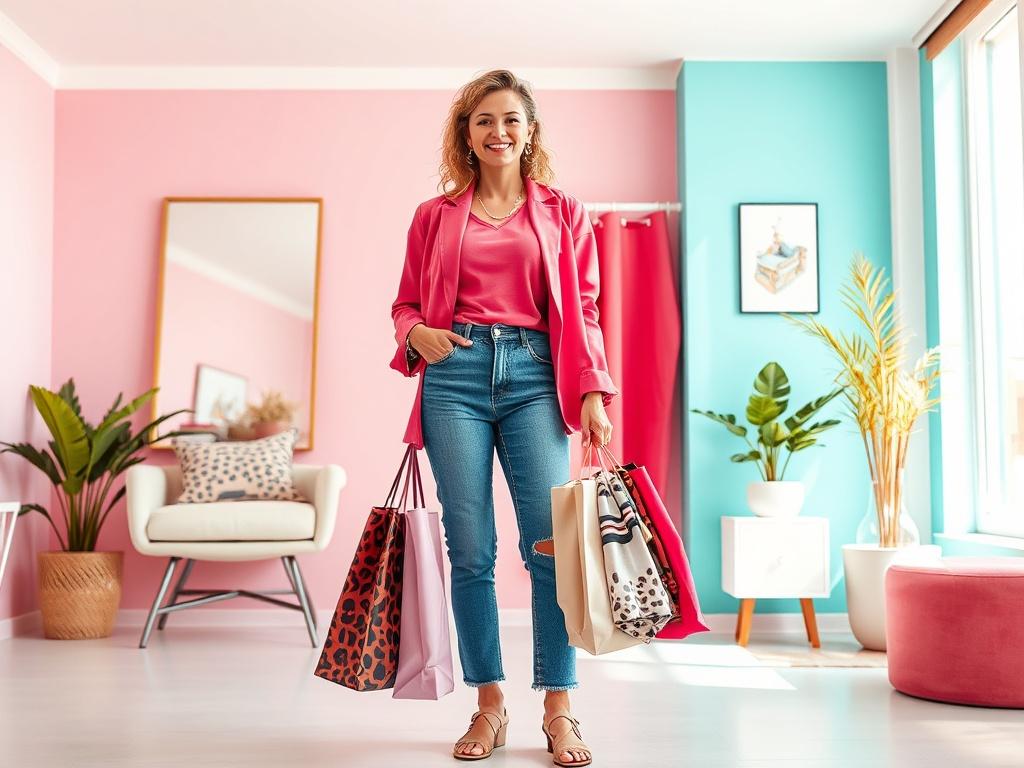 A stylish mom in a trendy outfit, standing confidently in