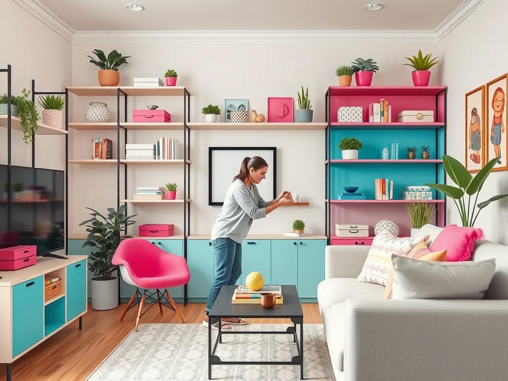 A beautifully organized living room showcasing clever storage solutions