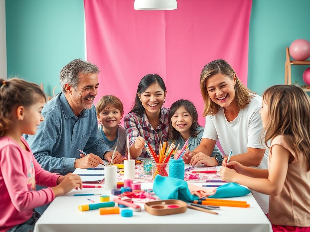 A cheerful family gathered around a table, engaged in a