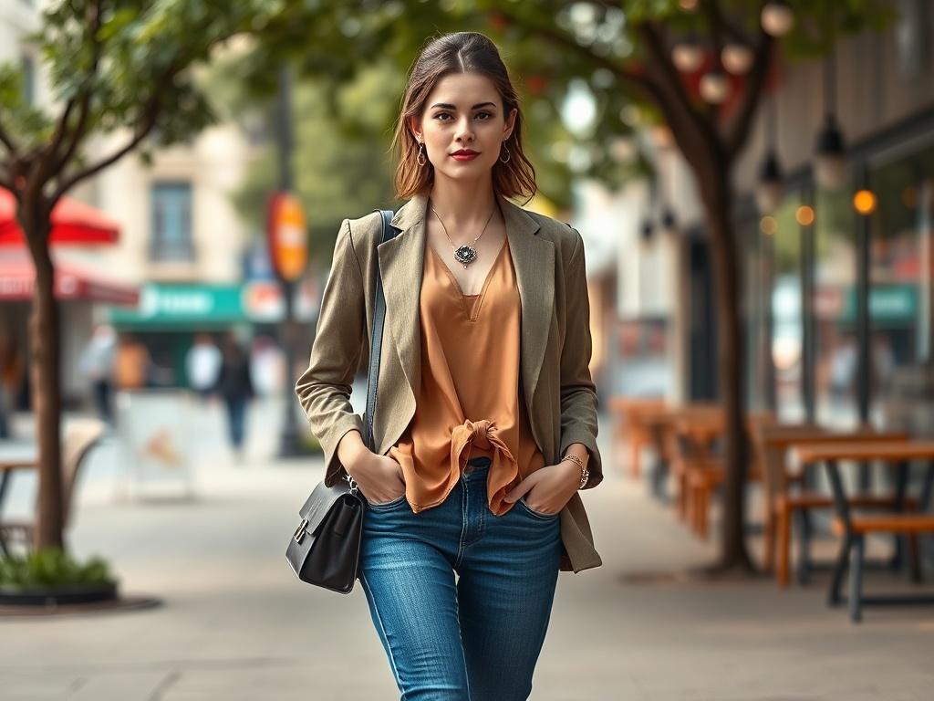 Create a realistic high-resolution photo featuring a single, confident young woman standing in an outdoor urban setting that embodies the theme of "Trendy Fashion on a Budget." She should be wearing a chic, budget-friendly outfit that showcases current fashion trends—think a stylish, layered look with a fashionable blazer, a flowy blouse, and well-fitted jeans. Accessorize her with a statement necklace and a trendy handbag, emphasizing the idea that fashionable choices can be affordable.

The background sho
