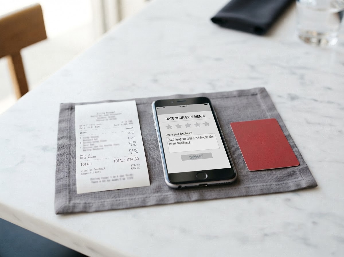 Generic restaurant receipt, smartphone, and unbranded red gift card arranged on a table