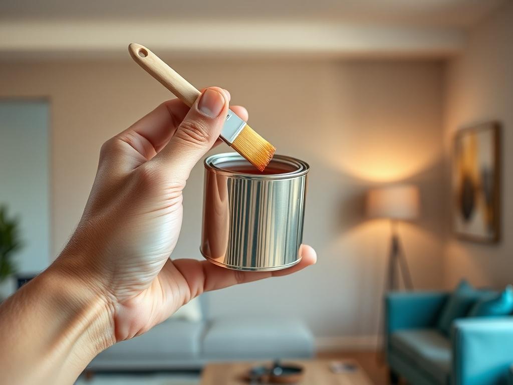 **Prompt for AI Image Generator:**

Create a realistic high-resolution photo showcasing a glossy finish paint sample in a detailed close-up. The subject should be a hand holding a small paint can, with a paintbrush dipped in the paint, poised to apply the glaze to a smooth surface. The paint can should be opened, revealing a shiny, vibrant glossy finish that reflects light beautifully. 

The background should be a softly blurred interior setting of a modern home, showcasing neutral-colored walls, hinting at