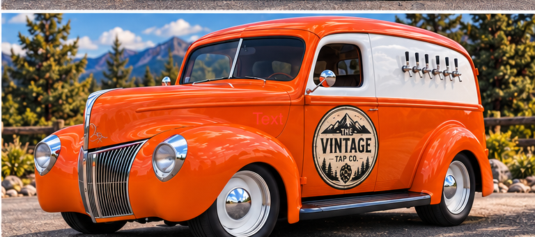 Orange vintage tap truck with white upper panels and six taps against a mountain backdrop