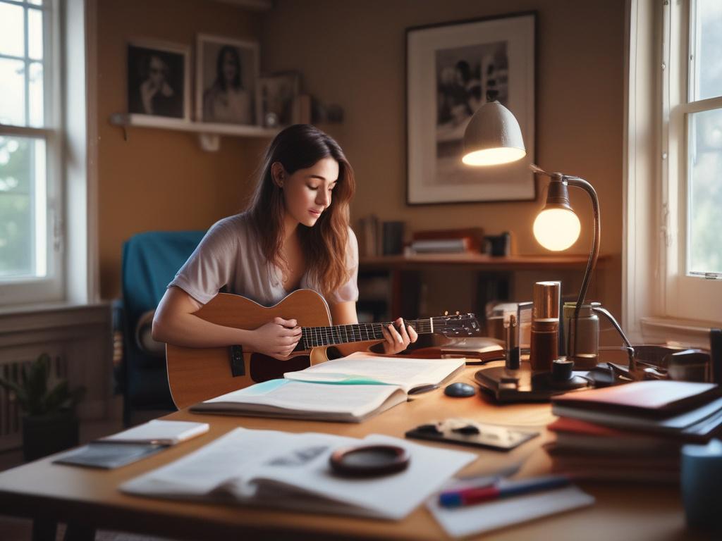 A realistic high resolution of a songwriter in a cozy,