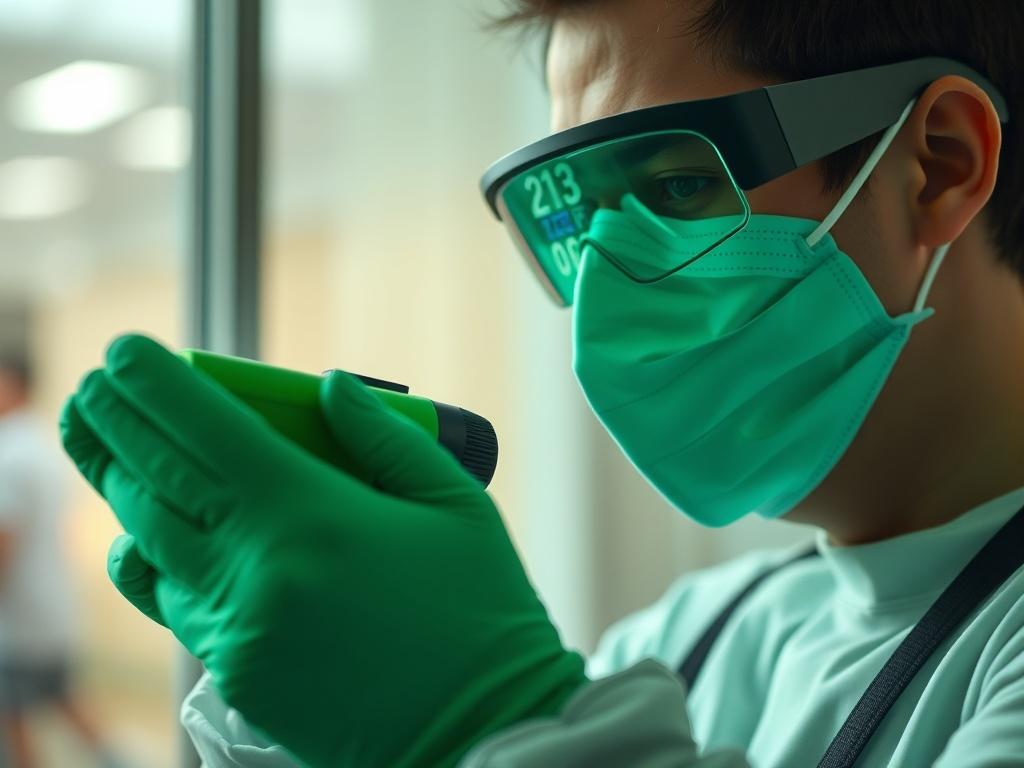 A close-up shot of a professional conducting indoor air quality testing with a focus on the testing equipment in hand. The background is softly blurred, highlighting the professional's concentration and the importance of the task. The color theme incorporates shades of green, aligned with the rgb(50, 170, 39) primary color. The image is shot with a 45mm f/1.2 lens to create a hyper-realistic effect.
