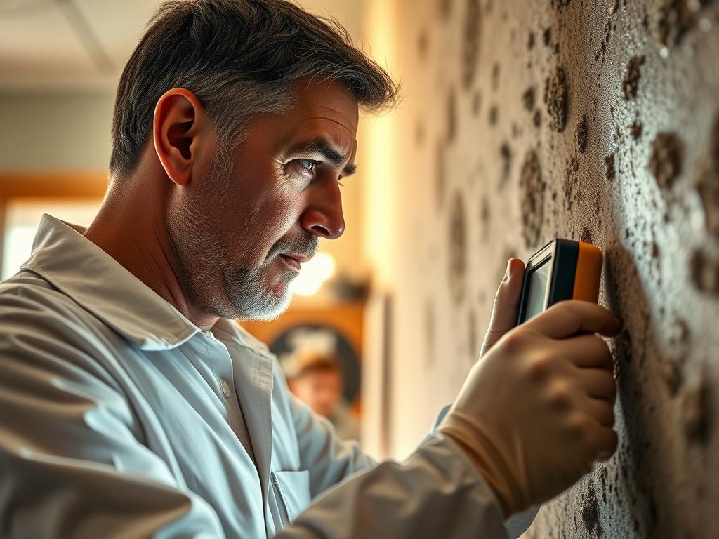 A detailed high-resolution close-up image of a mold inspector examining a wall for mold presence, showcasing the inspector using a moisture meter and a flashlight. The background should depict a typical indoor environment, emphasizing the need for vigilance against mold. The focus should be on the inspector's engaged expression and the tools being used, with a softly blurred background for clarity. Incorporate the primary color rgb(50, 170, 39) subtly in the image.
