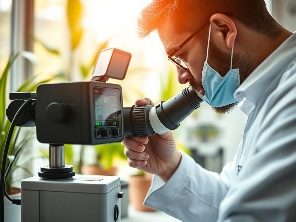 A realistic high-resolution close-up image of an air quality testing device in action, with a technician carefully analyzing indoor air samples. The background features a bright, well-lit room with plants to emphasize freshness and vitality. The image should capture the focus on the testing equipment, with soft bokeh effects in the background, enhancing the overall atmosphere of health and safety. Use the primary color rgb(50, 170, 39) subtly in the image.