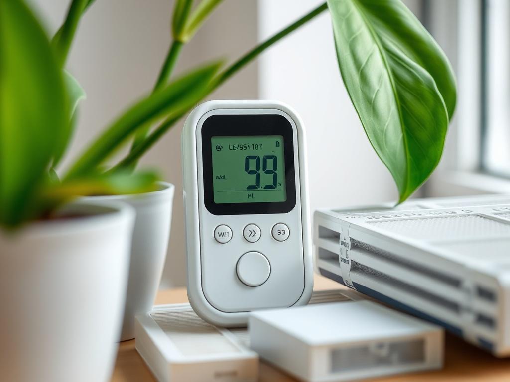 A hyper-realistic close-up shot of an air quality testing device displaying readings, surrounded by clean air filters and a plant. The background is softly blurred, concentrating attention on the device, with natural light enhancing the freshness of the scene. The primary green color rgb(50, 170, 39) is subtly integrated in the plant leaves.