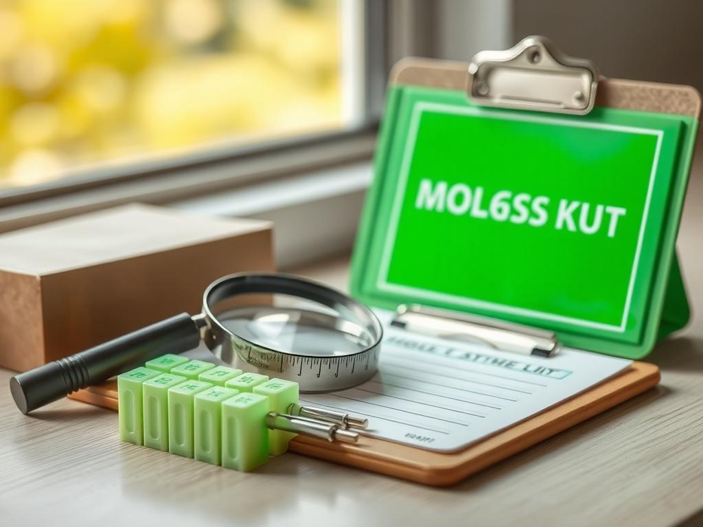 A hyper-realistic close-up shot of a mold assessment kit, featuring testing strips, magnifying glass, and a clipboard with notes. The background is softly blurred to emphasize the kit, with natural lighting highlighting the details. The colors are vibrant, particularly focusing on the primary green shade rgb(50, 170, 39) to convey freshness and safety.