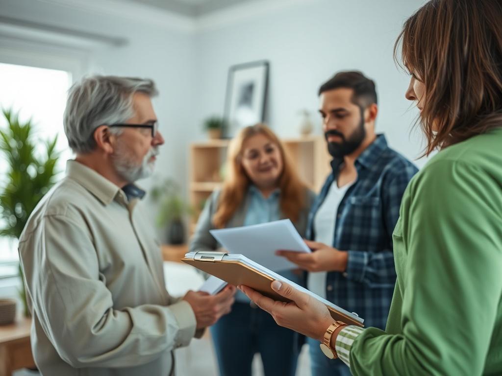 A hyper-realistic close-up shot of a mold remediation consultant discussing plans with a homeowner, with a clipboard and mold samples visible. The background is softly blurred to focus on the interaction, showcasing a well-lit, clean indoor setting. The primary green color rgb(50, 170, 39) is subtly included in the decor.