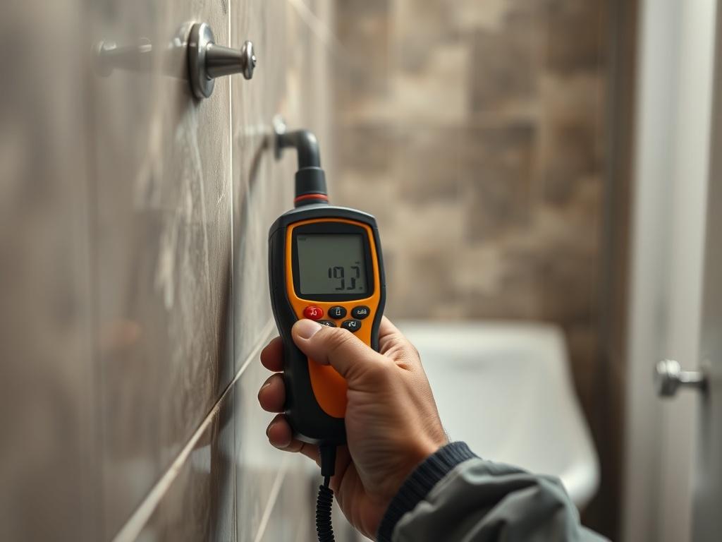 A close-up shot of a moisture meter being used by a licensed mold assessor on a wall in a bathroom. The focus should be on the meter and the assessor's hands, with a blurred background that suggests a damp environment.