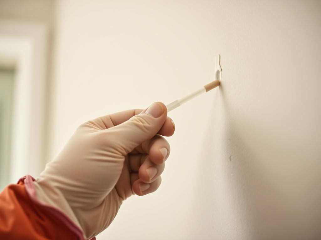 A close-up shot of a licensed mold assessor collecting surface samples with a swab on a wall. The focus should be on the assessor's hand and the swab as it touches the surface, with a softly blurred background that hints at an indoor setting.