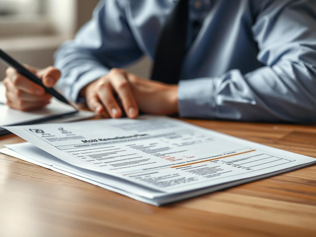 A close-up shot of a detailed mold remediation plan document on a table, with a licensed assessor reviewing it. The background should be softly blurred, highlighting the document while giving a sense of a professional setting.