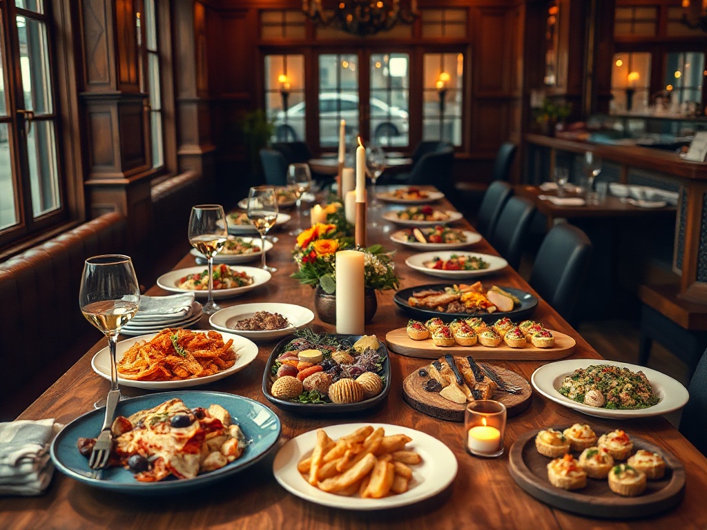 Catering spread with platters of seasonal dishes at a candlelit private event