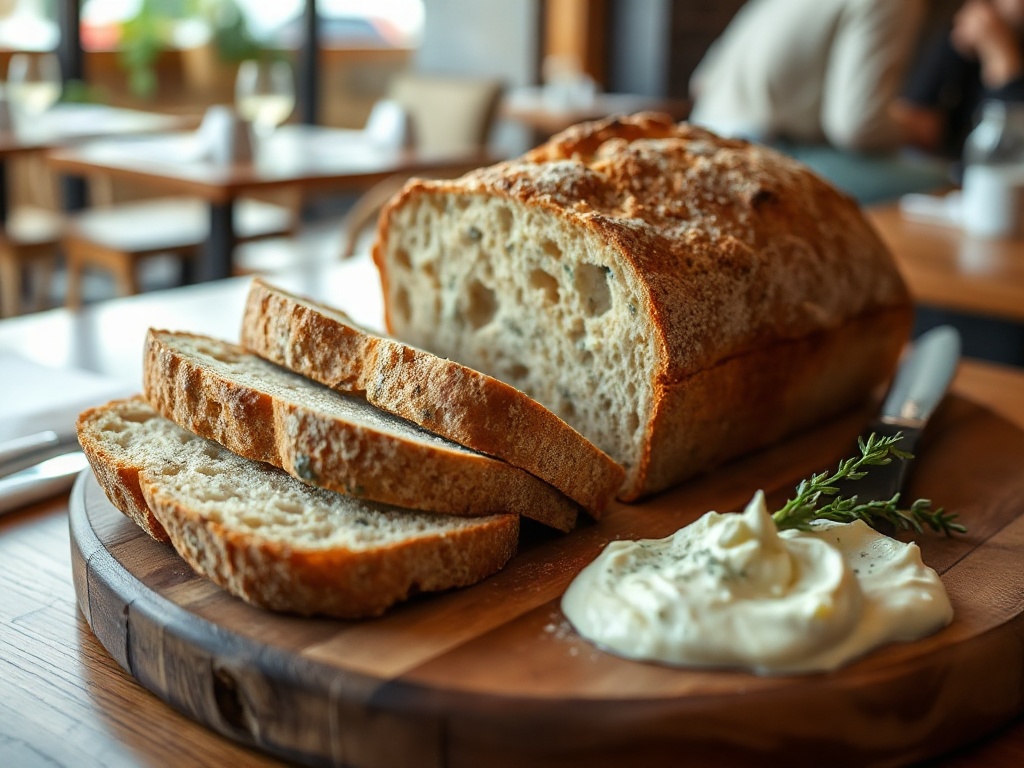 Rustic sourdough bread with whipped herb butter