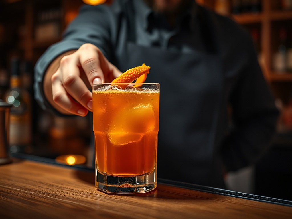 Bartender crafting an amber cocktail at the bar
