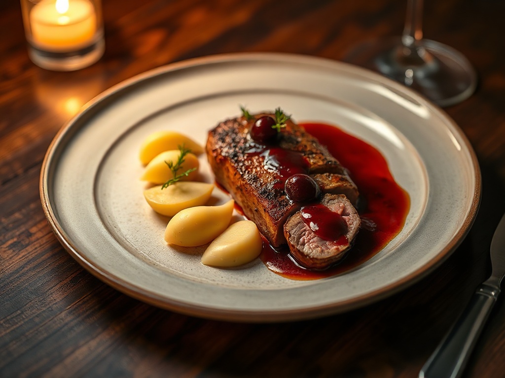 Plated seared duck breast with cherry gastrique