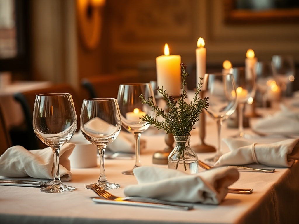 Candlelit table setting with wine glasses and thyme sprigs