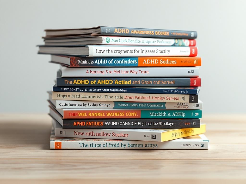 A close-up shot of a stack of ADHD awareness books arranged neatly on a table. The cover designs should be visible, showcasing diverse topics related to ADHD. The background should be a soft, neutral color, ensuring the focus remains on the books.