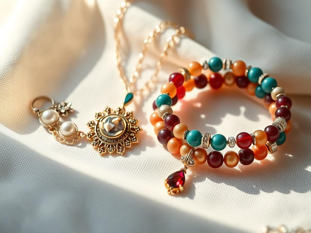 A realistic close-up shot of a selection of handmade jewelry pieces, including a shimmering necklace and a vibrant bracelet. The pieces should be displayed on a soft fabric background that enhances their colors and shine, with natural light emphasizing their craftsmanship.