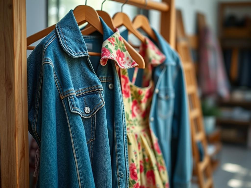 A high-resolution close-up shot of a vintage clothing collection displayed on a simple wooden rack. The focus should be on a colorful vintage dress and a denim jacket, with soft natural lighting to highlight the textures. The background should be blurred to maintain emphasis on the clothing items.