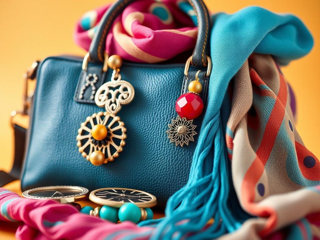 A close-up shot of a quirky accessories collection featuring playful jewelry, a fun bag, and colorful scarves, all set against a bright, inviting background, captured in hyper-realistic detail with a 45mm f/1.2 lens.