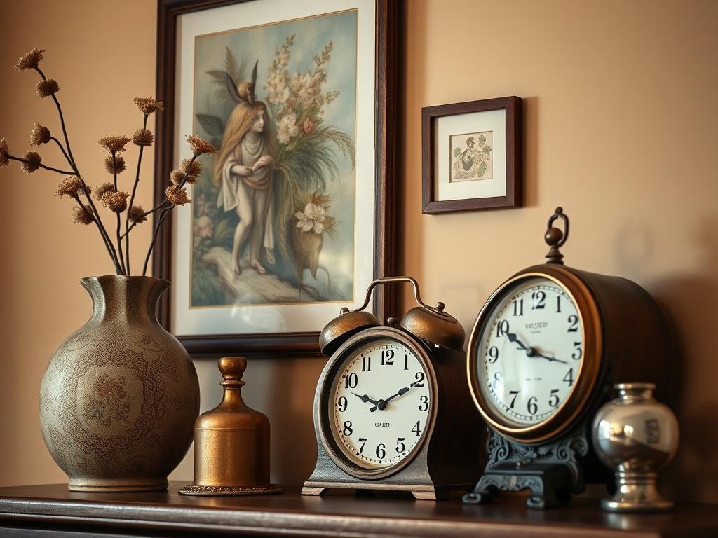 A beautifully arranged vintage home decor display featuring a retro vase, an antique clock, and a classic wall art piece, all set against a soft, warm-toned background, captured in hyper-realistic detail with a 45mm f/1.2 lens.