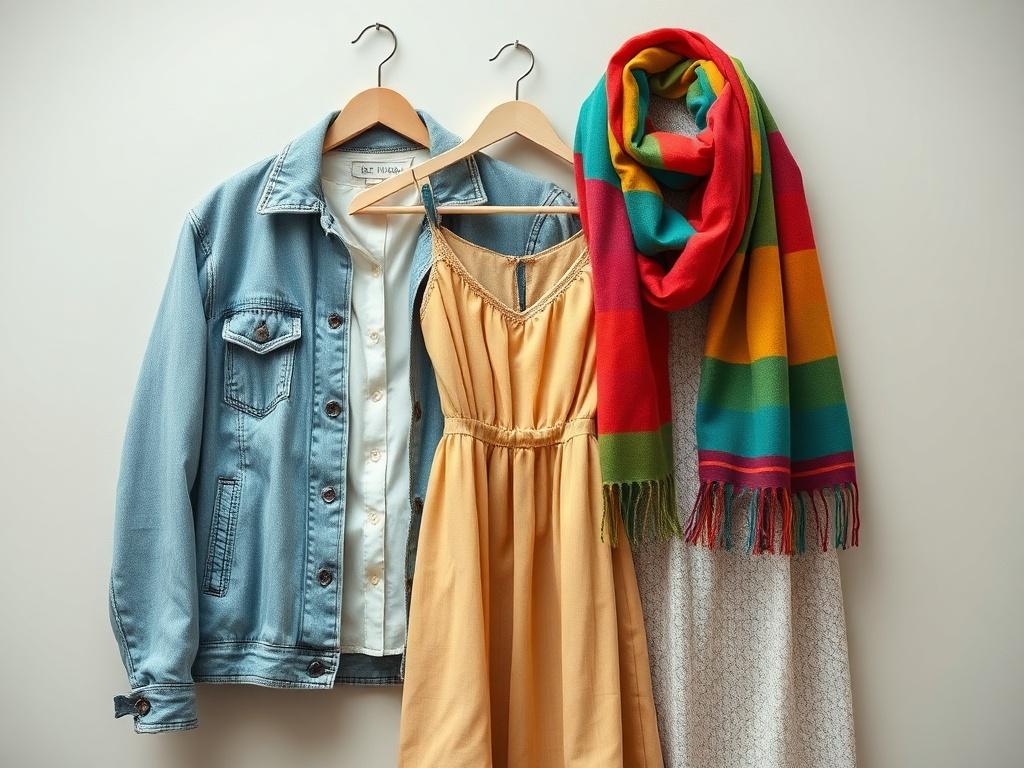 A vibrant display of unique second-hand clothing items including a trendy jacket, a classic dress, and a colorful scarf, arranged aesthetically on a simple background, showcasing textures and fabrics in hyper-realistic detail.