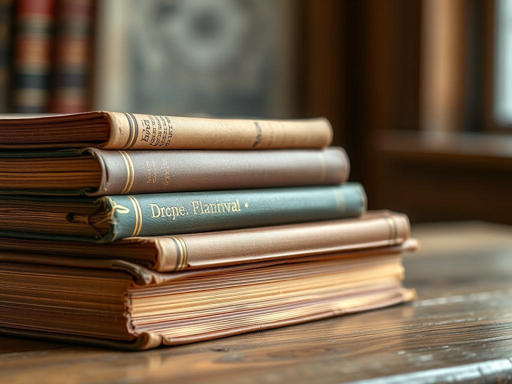 A close-up shot of a stack of vintage books with worn covers, elegantly arranged on a wooden surface, with soft light highlighting the textural details and colors, set against a blurred background.