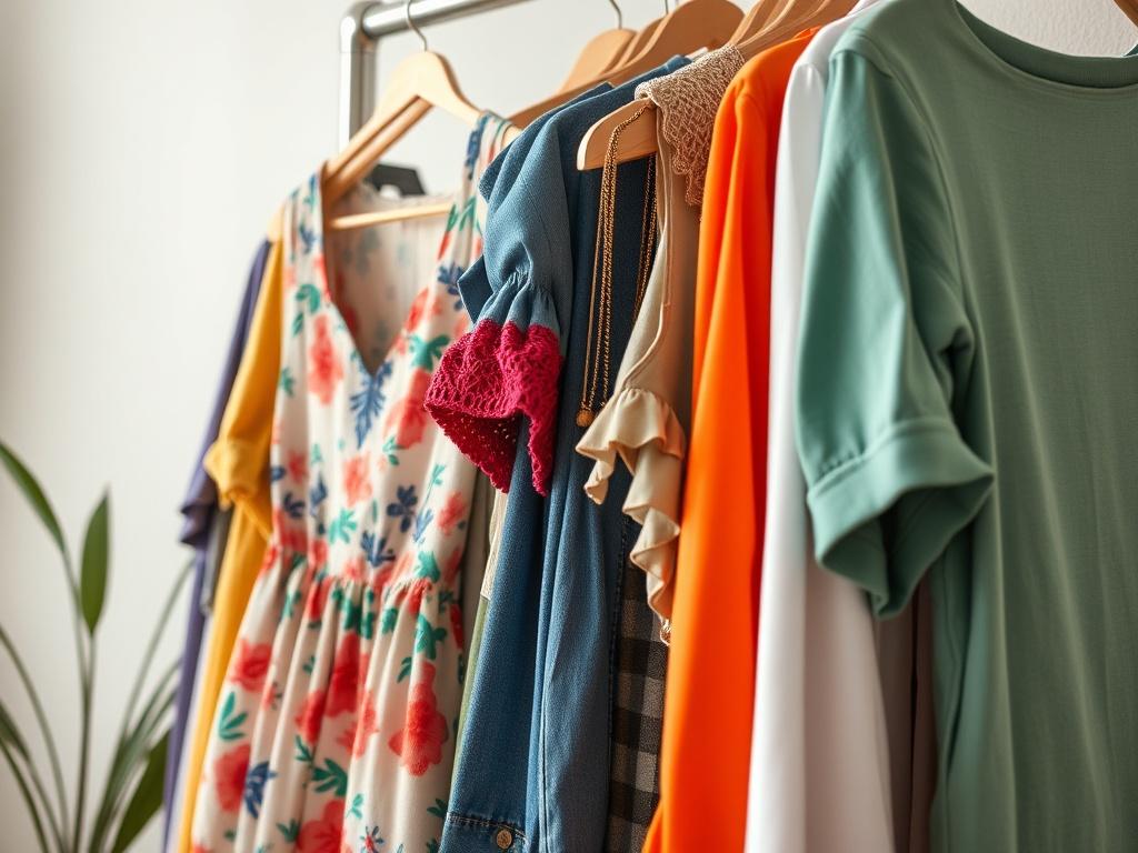 A close-up shot of a colorful rack filled with unique thrifted clothing pieces, including a vintage dress and modern tops, set against a soft, neutral backdrop. The image should be bright and vibrant, showcasing the textures and colors of the fabrics in high detail.