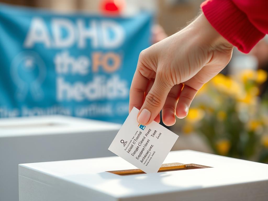 A realistic high-resolution photo of a hand placing a donation in a collection box, with a soft focus on the background showing a community event that promotes ADHD awareness. The image should convey a sense of hope and community involvement, shot with a 45mm f/1.2 lens style.