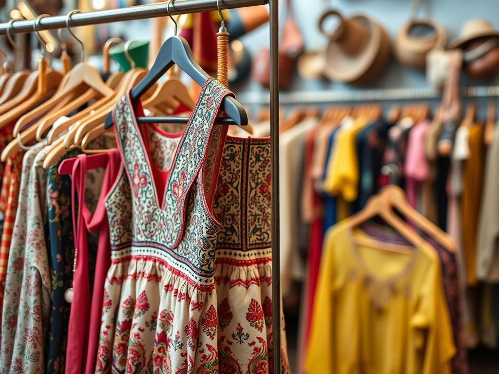 A realistic high-resolution photo of a beautifully arranged thrift store display, showcasing colorful clothing and accessories on hangers, with a warm and inviting atmosphere. The focus should be on a vintage dress with intricate patterns, set against a softly blurred background of other thrift items, shot with a 45mm f/1.2 lens style.