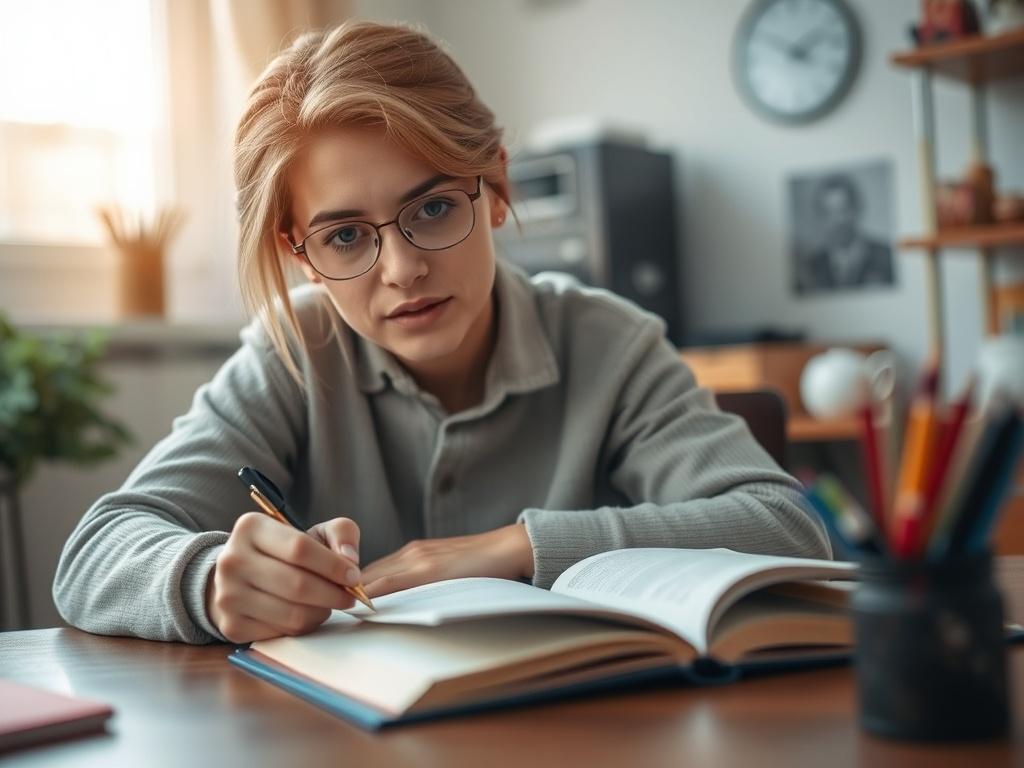 A realistic high-resolution photo of a person sitting at a desk, writing their story in a journal, with a thoughtful expression on their face. The background should feature soft lighting and personal items that create a warm, inviting atmosphere, shot with a 45mm f/1.2 lens style.