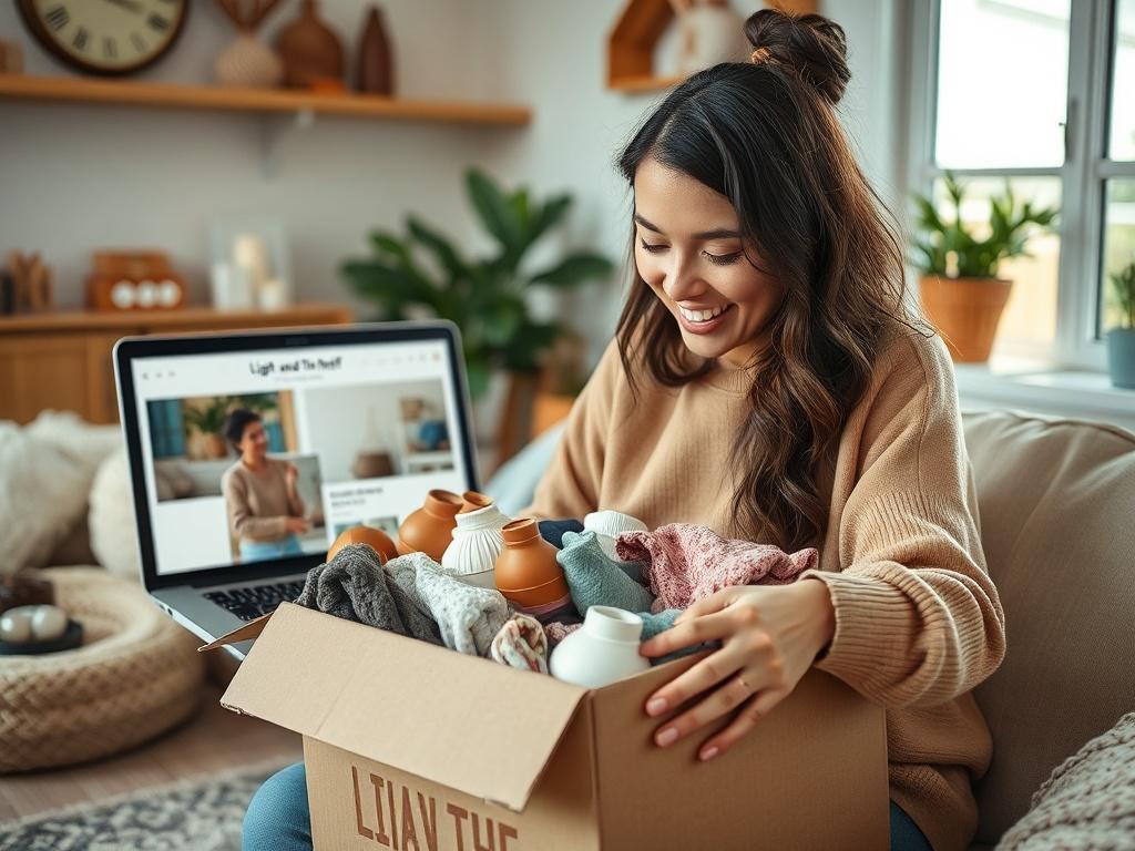 A realistic high-resolution photo of a person happily packing a box filled with used items for sale, surrounded by a cozy home environment, with a laptop open displaying the Light and Love Thrift website in the background. The photo should capture the joy of decluttering and the spirit of giving back, shot with a 45mm f/1.2 lens style.
