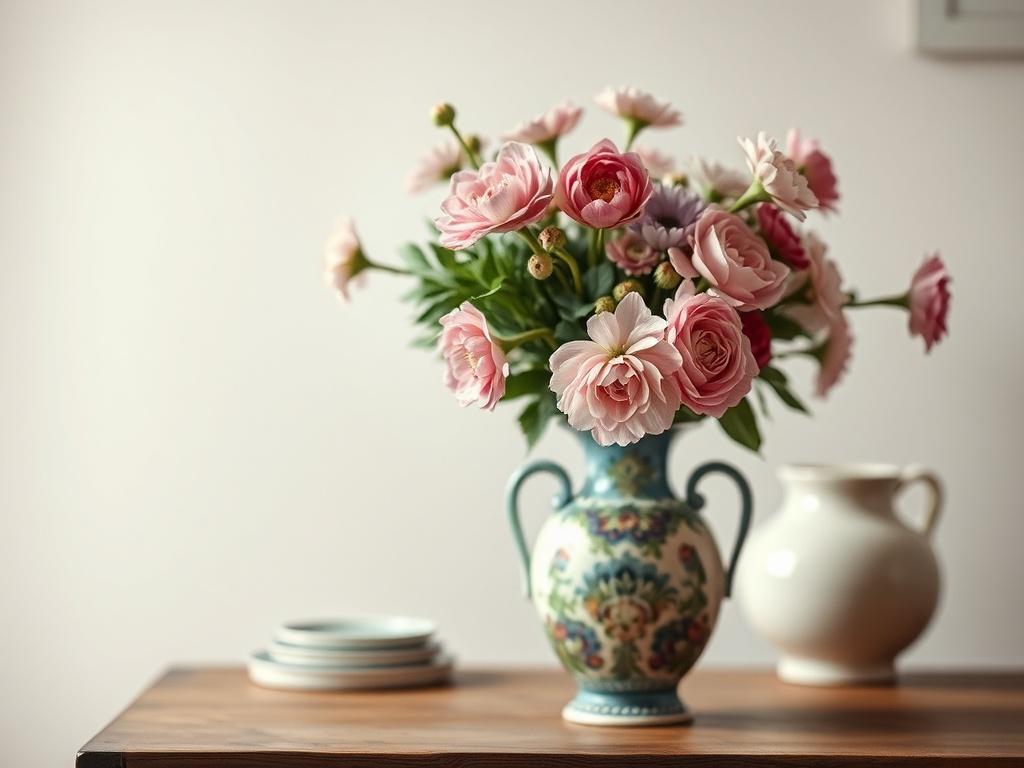 A beautifully arranged close-up shot of a vintage vase filled with fresh flowers, set against a soft, neutral background. The vase is intricately designed, showcasing a blend of colors that complement the flowers. The focus is sharp on the vase, with a blurred background that creates a warm and inviting atmosphere, suggesting a cozy home environment. The lighting is soft and natural, enhancing the details of the vase and flowers.