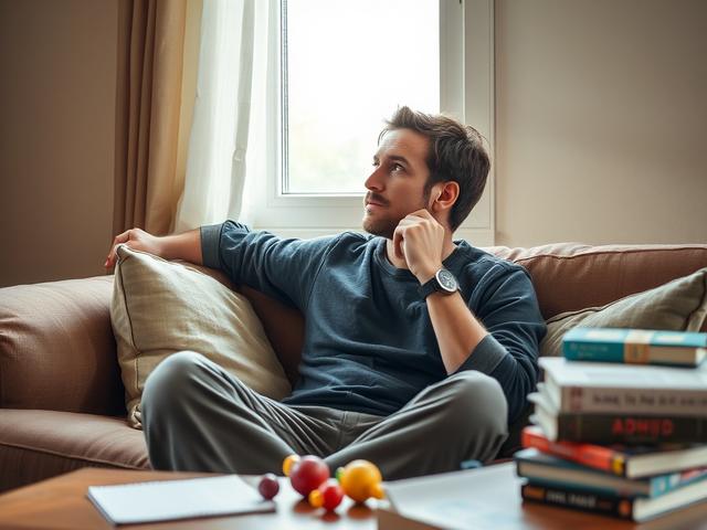 Create a realistic high-resolution image focused on a single subject—a thoughtful adult sitting on a cozy, well-worn couch, gazing out of a window. The individual is casually dressed, with an expression of introspection and contemplation, embodying the emotional journey of living with ADHD. The background features soft, natural light filtering through the window, casting gentle shadows that add depth to the scene.

To enhance the storytelling aspect, include elements around the subject that hint at personal experiences with ADHD—such as a notebook filled with scattered thoughts and sketches on a side table, a colorful assortment of fidget toys, and a stack of well-thumbed books about mental health. The color palette should be warm and inviting, with soft earth tones to create a cozy atmosphere that emphasizes the personal, intimate nature of the journey being explored. The overall composition should be simple and uncluttered, drawing the viewer's attention to the subject's expression and the surrounding personal artifacts that enrich the narrative of understanding ADHD.